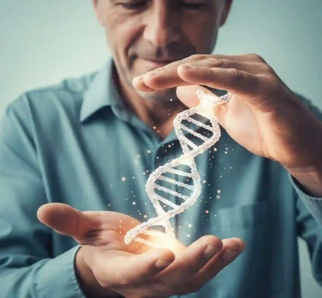 مردی با آرامش یک ساختار درخشان DNA را در دستان خود گرفته است.